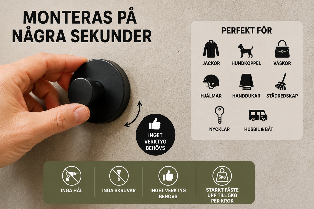 Vakuumkrok utan borrning – 2-pack (Svart, Guld, Silver & mer)